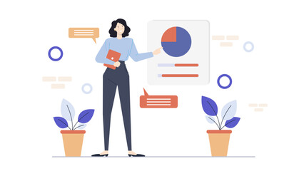 Businesswoman showing data visually to team for financial analysis and progress tracking; suitable for presentations, reports, infographics, and marketing.
