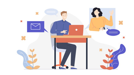 Man and woman in video call at desk perfect for remote work, online meetings, telecommuting, virtual collaboration, and technology.