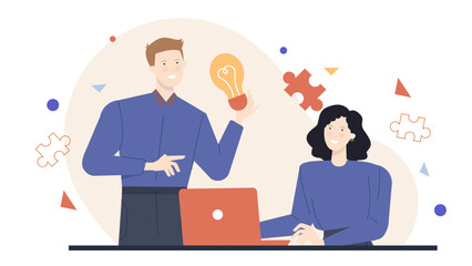 Man with light bulb beside woman at laptop, brainstorming ideas