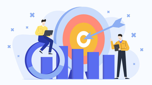 Two men aiming at a target with an arrow; perfect for business concepts, goal setting, teamwork, success, competition, and achievement.