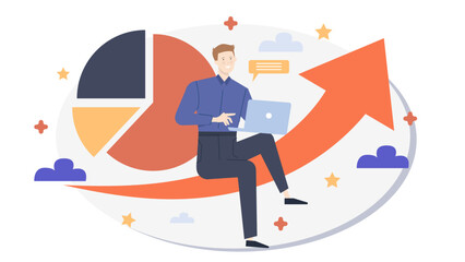 Man on laptop on red arrow, pie chart behind him. Suitable for financial presentations, digital marketing concepts, business analytics visuals.