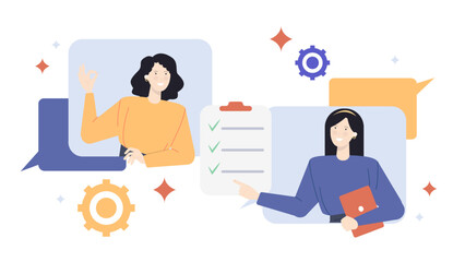 Two women discussing checklist in a modern office setting. Perfect for business, teamwork, planning, organization, brainstorming, and collaboration concepts.