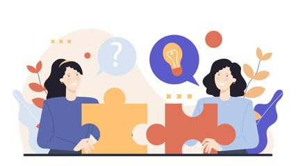 Two women holding puzzle pieces together, teamwork, collaboration, problem solving, unity, finding solutions, diversity, partnership, communication, connection, strategy concept.
