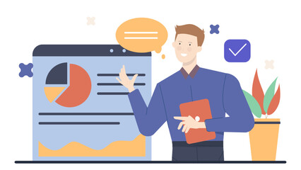 Man presenting a pie chart on a website, suitable for business presentations, financial reports, statistics, data analysis, marketing strategies.