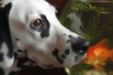 a dalmatian dog looking at a fish in a bowl