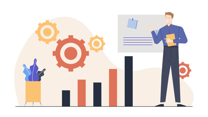 Man presenting data on whiteboard for business presentation, depicting growth and strategy