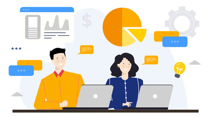 Man and woman working on laptops in a modern office setting. Suitable for business, teamwork, technology, and remote work concepts.