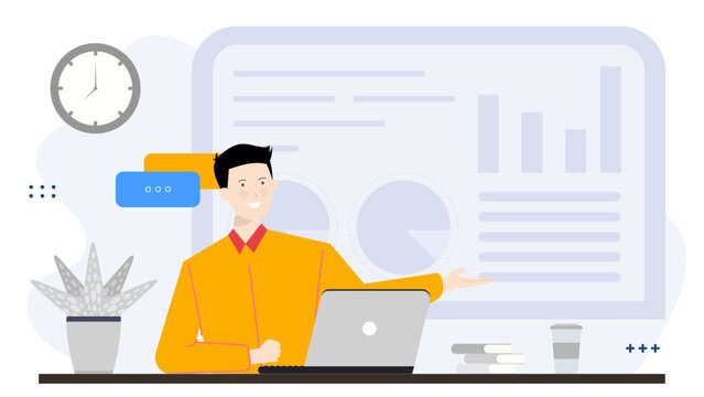 Business presentation with laptop. Suitable for website banners, brochures, blog posts, and social media content related to business and technology.