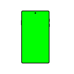 Smartphone mockup with green screen display, isolated on transparent background.