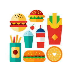 Flat Design Fast Food Collection, Set of Colorful Fast Food Icons, Delicious Snack Variety