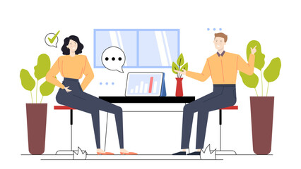 Two people discussing something at a desk with plants, suitable for business meeting, teamwork, office collaboration, brainstorming concepts.