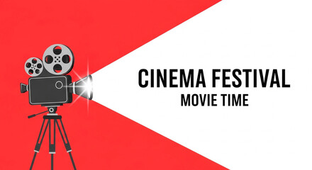Cinema festival banner with film camera projecting light onto white text: "CINEMA FESTIVAL MOVIE TIME".
