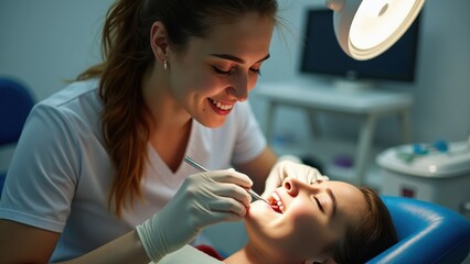 A dental hygienist attentively cleans a patient's teeth using specialized tools under bright lighting, while the patient appears relaxed and is looking at the camera.