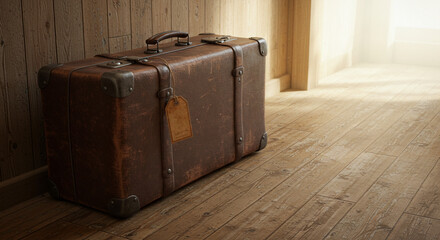 Vintage suitcase on wooden floor, for travel blogs