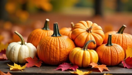 Pile of pumpkins and gourds surrounded by colorful autumn leaves , image, gourds