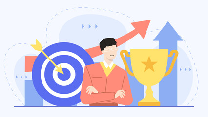 Man holding a target, an arrow, and a trophy, suitable for illustrating success in archery, target shooting, or general achievement themes.