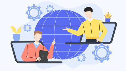 Two men collaborating on a digital global network, suitable for technology, communication, teamwork, internet, business, collaboration, and network concepts.