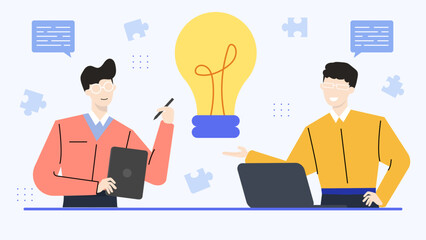 Two men collaborating on a project, brainstorming and discussing ideas. Perfect for teamwork concepts in business and technology presentations.