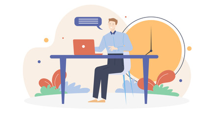 Man at desk with laptop in front. Suitable for business, freelance, working from home, remote work, technology concepts.