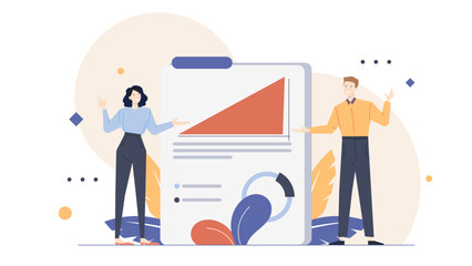 Two individuals showcasing a graph and a pie chart. Ideal for business presentations, financial reports, data analysis articles, and teamwork concepts.