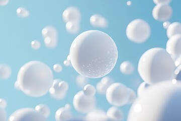 Many white spheres float in light blue sky