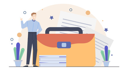 Man with a briefcase and papers perfect for business presentations, financial reports, office related designs, professional concepts, and corporate themes.