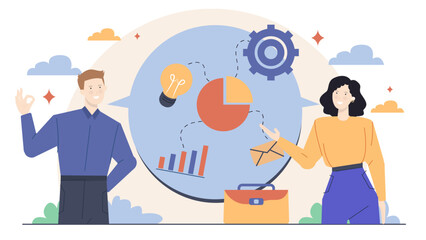 Man and woman surrounded by business icons. Suitable for business presentations, marketing materials, website design, and social media graphics.
