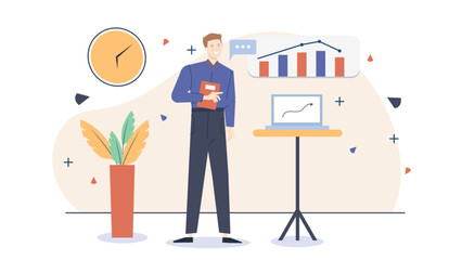 Man presenting a graph on a laptop, ideal for business presentations, data analysis, statistics reports, technologyrelated content, and financial concepts.