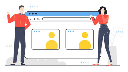 Two people pointing at web page with icons. Suitable for tech presentations, website design concepts, and digital marketing materials.