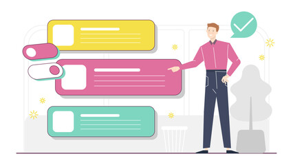 Man pointing at pink checklist with checkmark suitable for productivity or completion concepts in business or personal development materials.