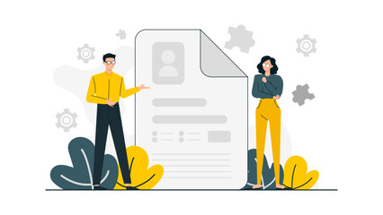 Two people standing by a large document, suitable for business meetings, presentations, and collaborative work in office settings.