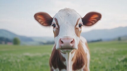 A young cow stands in a green field with mountains in the background, looking directly at the camera.