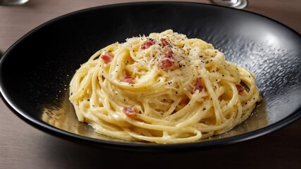 Close-up view of appetizing carbonara pasta served in dark bowl, topped with bacon bits and cheese, showcasing creamy texture and delicious flavors
