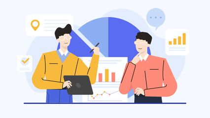 Two businessmen analyzing data with pen and tablet, perfect for business presentations, financial reports, and marketing materials.