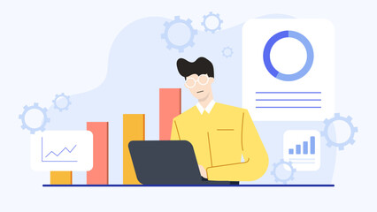 Title Man working on a laptop with graphs and charts. Suitable for business, data analysis, financial planning, technology concepts in presentations and designs.