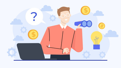 Man in a pink shirt using binoculars to examine a light bulb. Suitable for business concepts, creativity, innovation, technology, and vision themes.