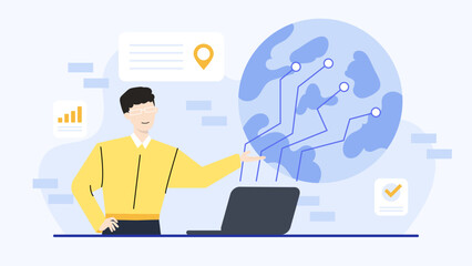 Man with glasses pointing to a globe with a laptop, suitable for business presentations, educational materials, travel websites, and corporate brochures.