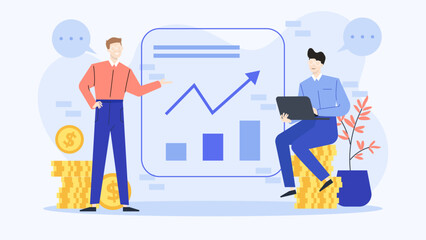 Two men analyzing financial data and money stacks. Suitable for presentations, finance blogs, investment reports, business articles, and marketing materials.