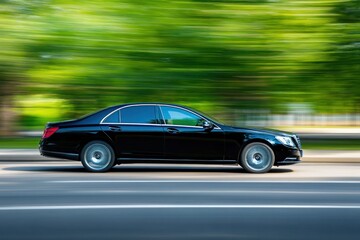 Fast black car moving on city street with blurred trees.  Possible use  Luxury car advertising