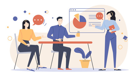 Ideal for business presentations or team meetings, this image shows a woman sharing a pie chart with colleagues for data analysis.