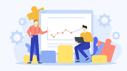 Two men presenting a graph and using a laptop, suitable for business presentations, data analysis, teamwork concepts, corporate meetings.