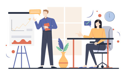 Male presenting graph to female during a meeting. Suitable for business presentations, teamwork concepts, data analysis discussions, boardroom discussions.