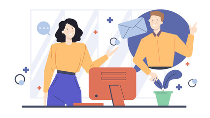 Woman talking to a man by a computer. Suitable for illustrating office conversations, teamwork, professional discussions, workplace interactions, corporate communication.