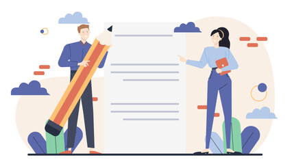 Two people standing near blank paper. Ideal for business meetings, presentations, brainstorming sessions, collaborative projects, teamwork concepts.