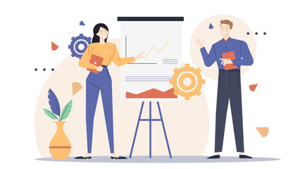 Perfect for business presentations, teamwork concepts, financial analysis, and educational materials. Shows two people discussing a graph on a whiteboard.