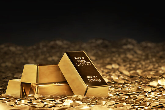 Stack of shiny gold bars with pile of golden coin