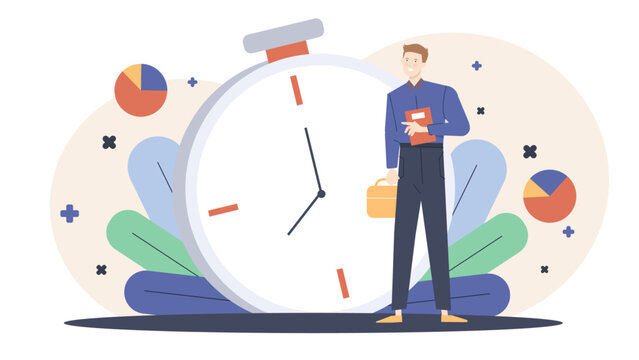 Businessman poses next to clock with briefcase and folder. Perfect for time management, punctuality, business meetings, deadlines concepts.