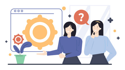 Title Two women by computer with gear icon. Suitable for technology, teamwork, innovation concepts material. Gear icon on computer screen.