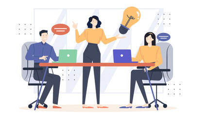 Three people work on laptops at a table. Suitable for web design, remote work, technology concepts, and business communication illustrations.