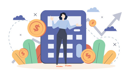 Woman with calculator and dollar coins, finance concept. Suitable for financial planning, budgeting, accounting, savings, investment, and business concepts.
